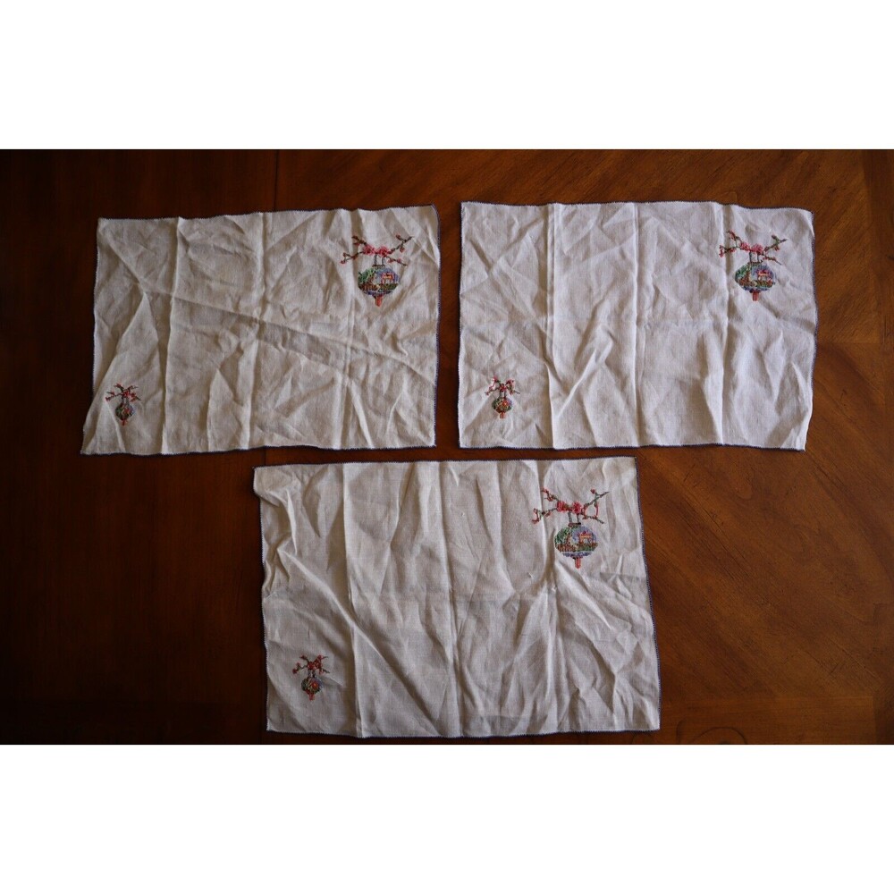 Vtg Cross Stitch Placemats Or Napkins Japanese Cherry Blossom Building 18x12" - Picture 15 of 16